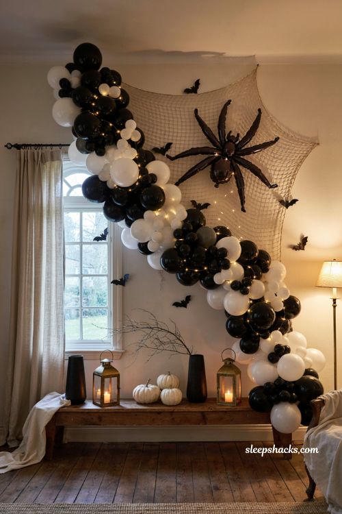 Spider web and bat Halloween balloon wall with oversized spider balloon and warm string lights