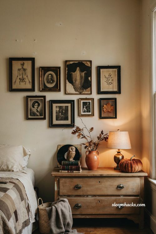 Spooky Halloween bedroom gallery wall with vintage skeleton art and thrifted decor