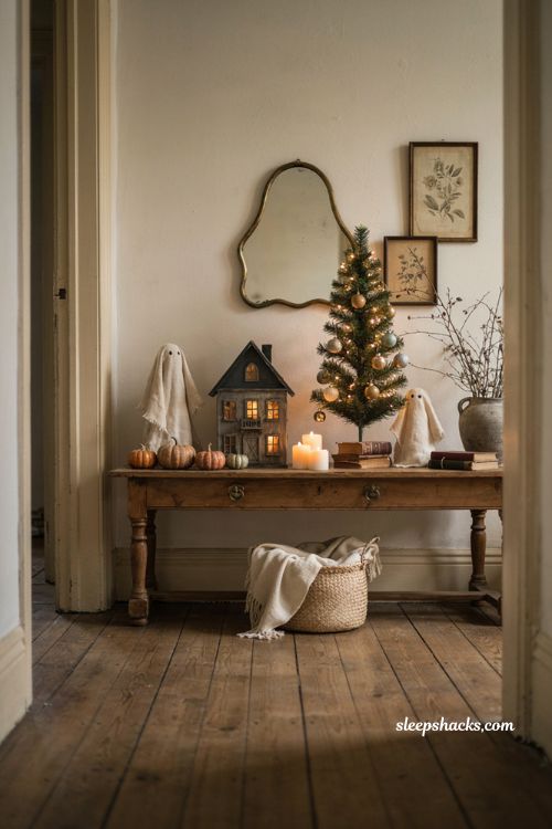 Spooky Halloween entryway console with ghost mirror figurines and haunted house