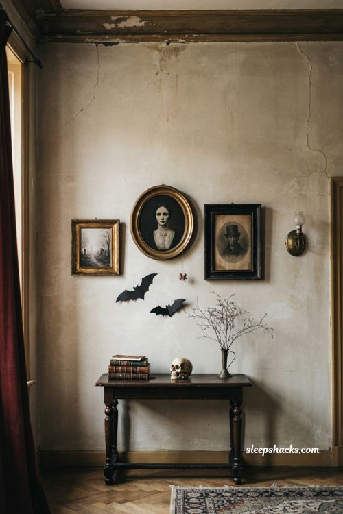 Spooky Halloween wall hangings with vintage frames and black bat silhouettes 