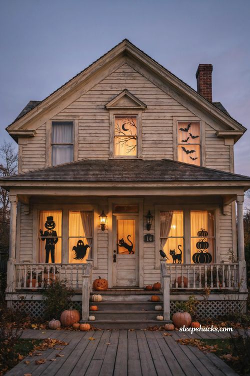 Spooky friendly Halloween character window silhouettes with pumpkin king figures