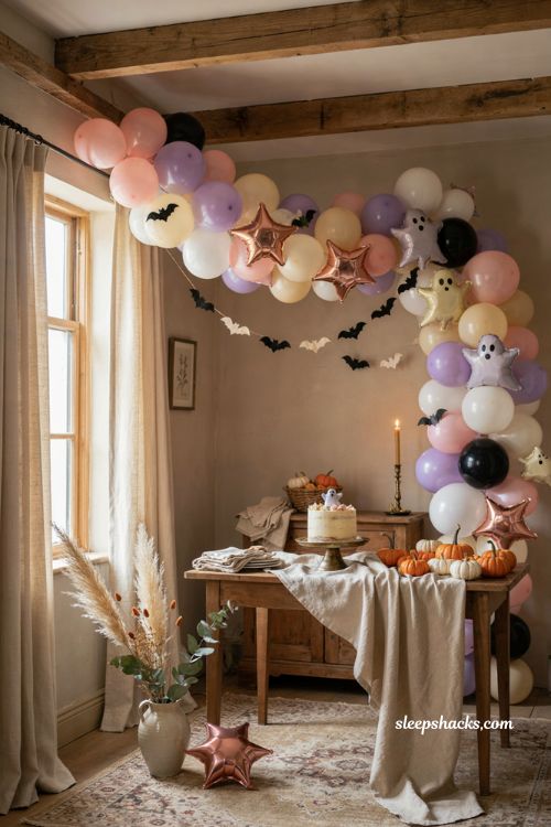 Spooky one first birthday balloon garland with pink purple ghost balloons and cozy Halloween decor