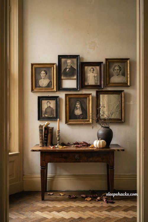 Spooky vintage Halloween entryway with antique portraits and crooked frames