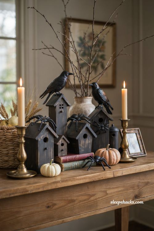 Spray painted ghost town birdhouses for a cozy DIY Halloween centerpiece