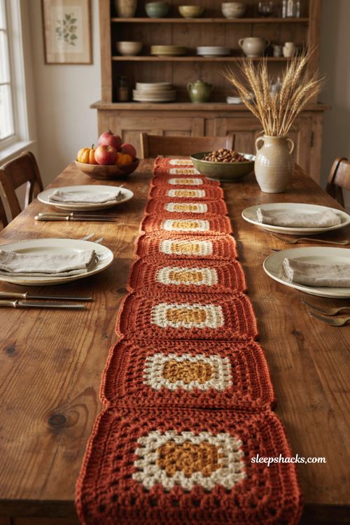 Square on square fall crochet table runner with rust cream granny squares vintage farmhouse dining table