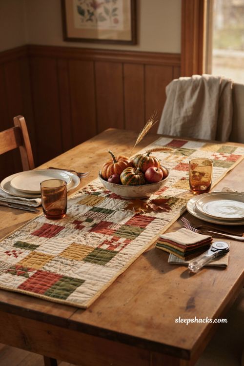 Square scramble fall table runner with rust olive and mustard quilt blocks cozy farmhouse dining table