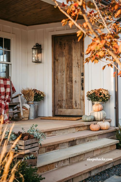 Stacked pumpkin front porch decor ideas for a cozy farmhouse fall entrance