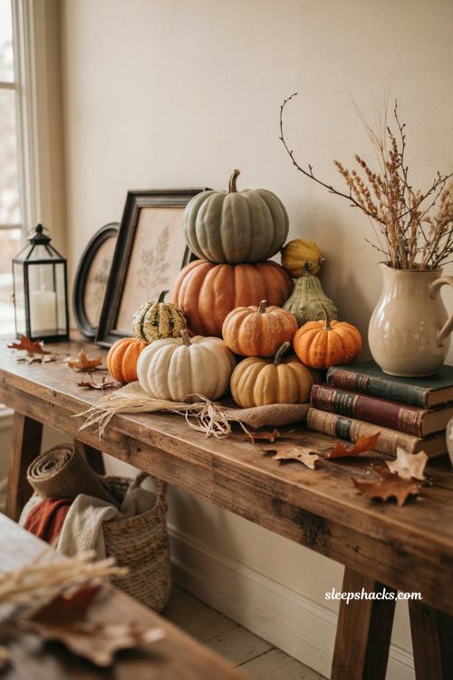 Stacked pumpkins with real gourds and raffia for farmhouse Halloween decor