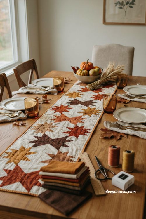 Stars aligned fall table runner with rust mustard and brown quilted star blocks on a farmhouse dining table