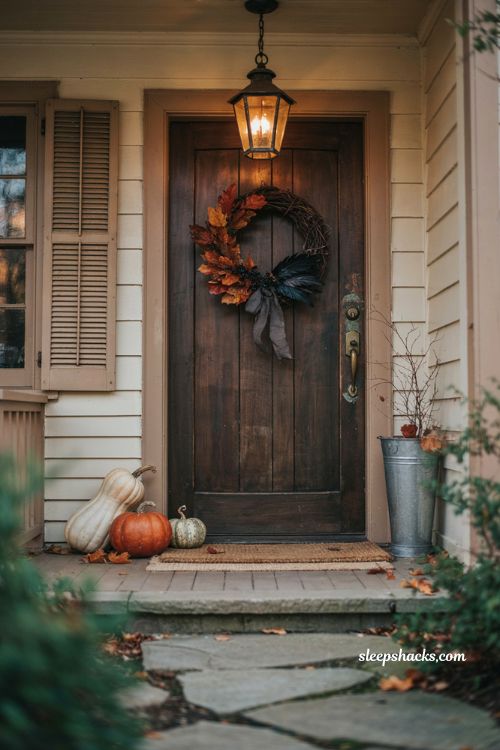 Statement Halloween wreath exterior decor with black vines, dried orange leaves, pumpkins, and lantern 