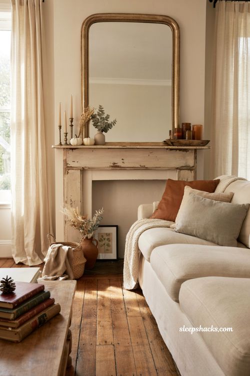 Statement mirror above mantel with cozy farmhouse fall decor ideas and warm metallic accents
