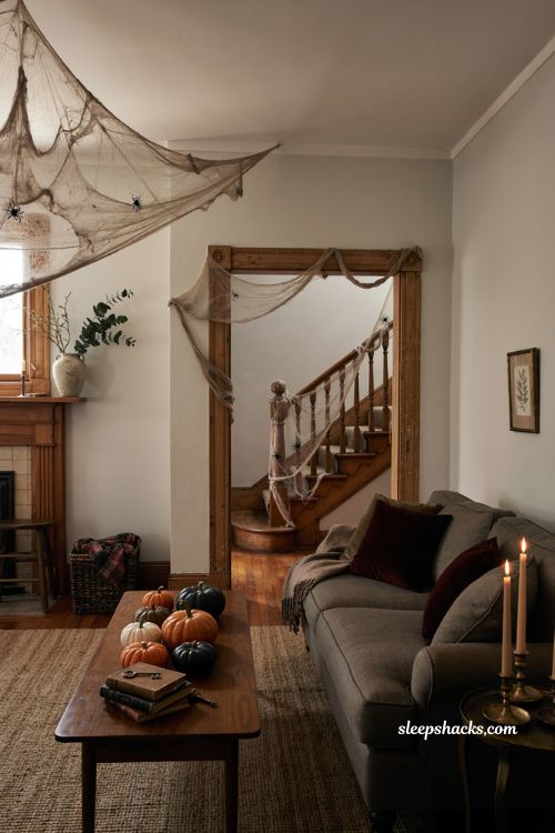 Stretch spider web corners for cozy Halloween house party decor