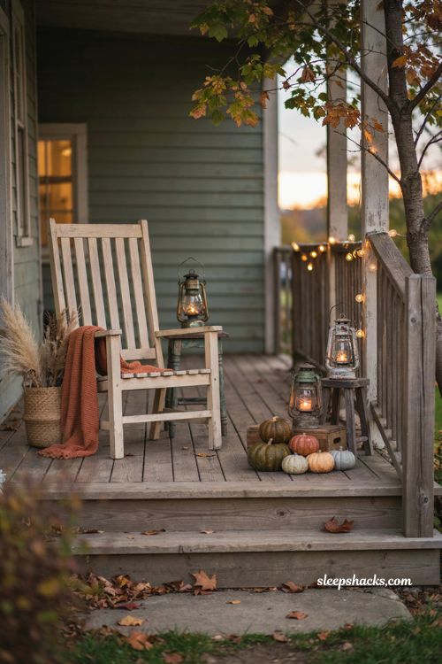 String lights and lanterns fall decor with warm amber lights pumpkins vintage lanterns cozy porch and autumn evening glow 