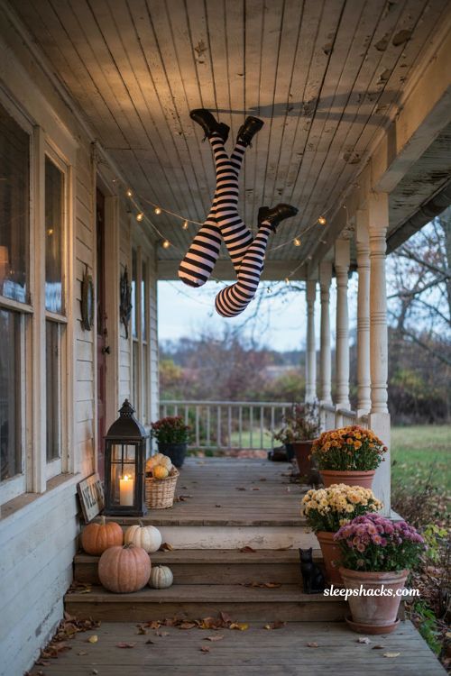 Striped witch legs dangling from a porch ceiling with pumpkins and mums for playful Halloween decor
