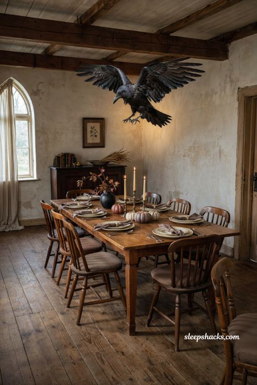 Suspended faux raven above a dining table with vintage gothic decor for dramatic Halloween centerpiece
