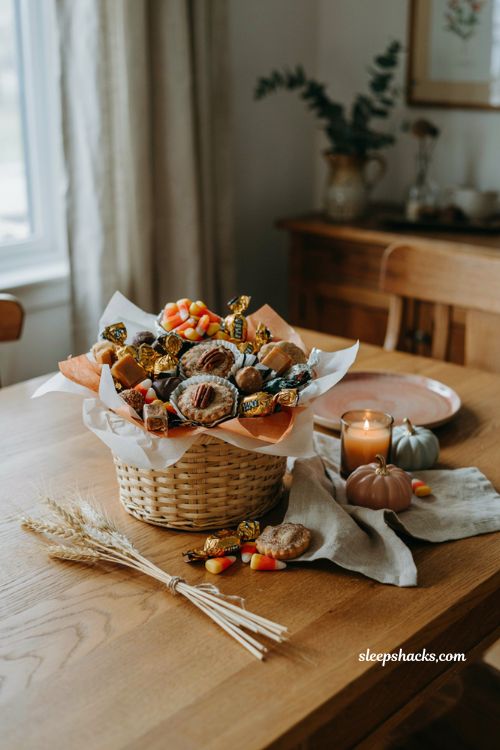 Sweet tooth boo basket ideas with fall candy caramel baked treats and candy corn