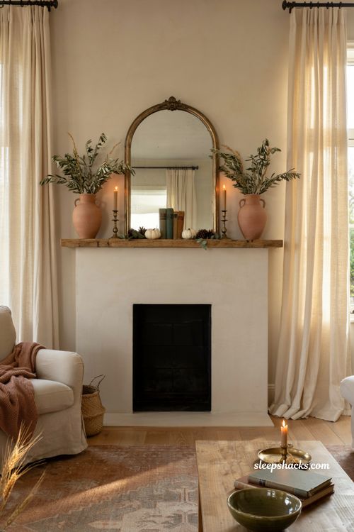 Symmetrical fall mantel decor with matching vases candles and mirror