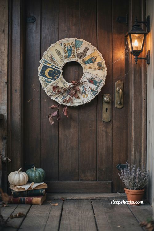 Tarot card Halloween wreath with witchy gothic front door decor