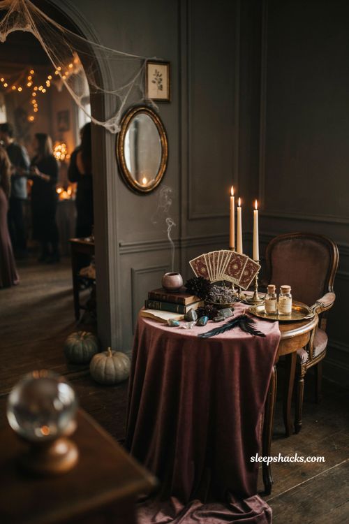 Tarot card reading nook with candles and gothic Halloween party decor