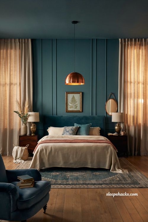 Teal and copper bedroom with luxurious textures and warm metallic accents