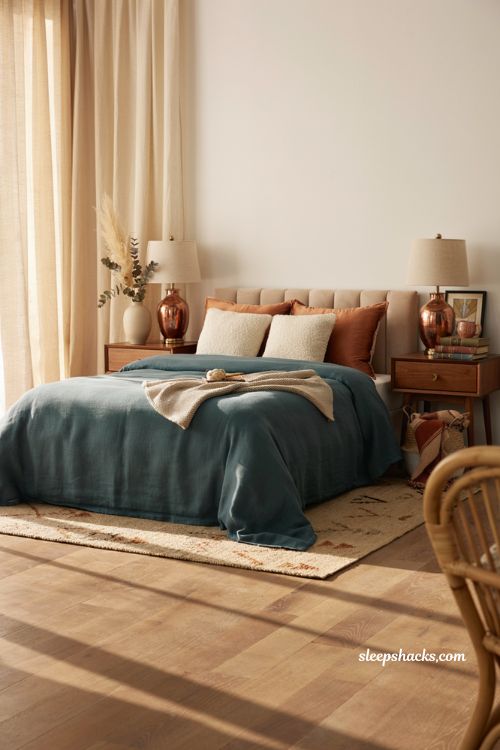 Teal and copper bedroom with matte duvet and warm layered bedding