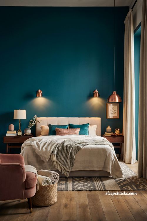 Teal and copper bedroom with warm copper lighting and elegant decor