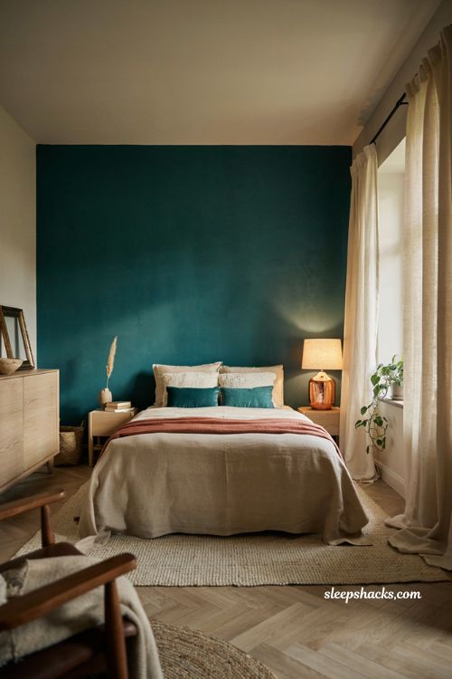 Teal and copper bedroom with warm neutral bedding and cozy decor