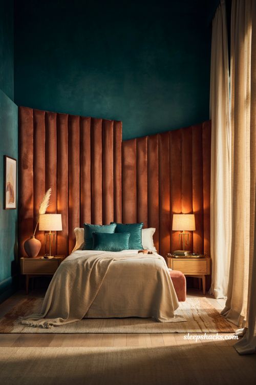 Teal bedroom with copper statement headboard and luxury modern decor