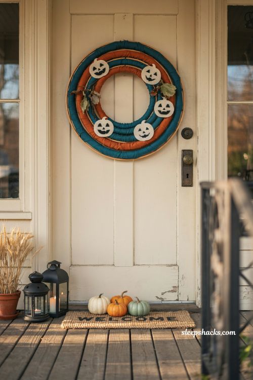 Teal pumpkin Halloween wreath with orange fabric and welcoming front door decor