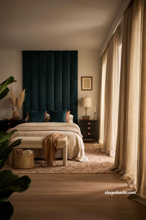 Teal velvet bedroom with copper accents and luxurious cozy textures