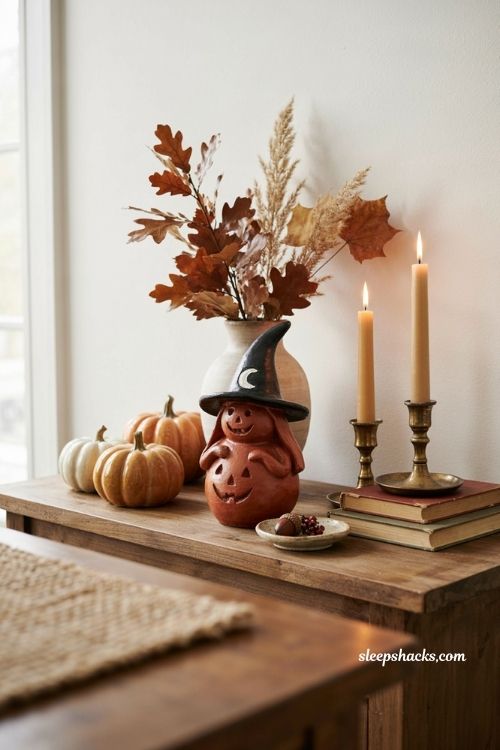 Terracotta ceramic witch Halloween decor for an elegant fall console table