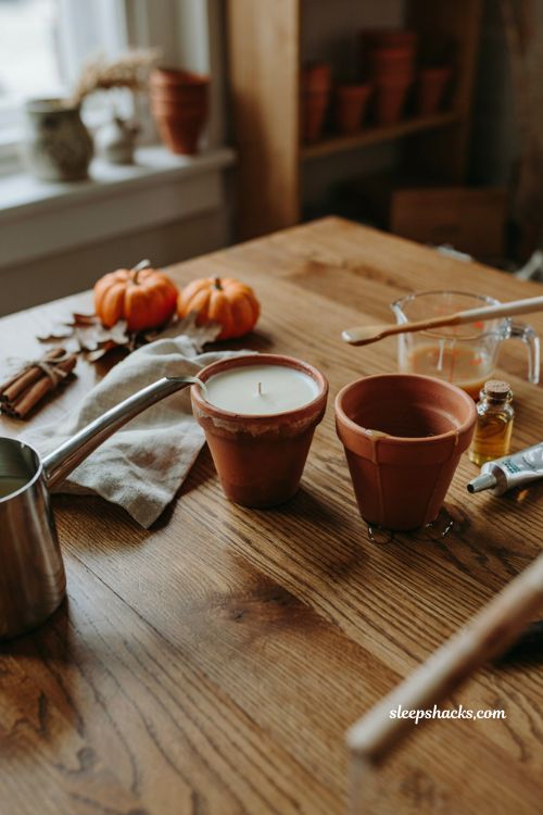 Terracotta pot candle with soy wax and rustic fall DIY candle making decor