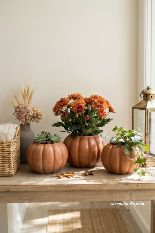 Terracotta pumpkin cachepots with mums and greenery for elegant fall Halloween decor