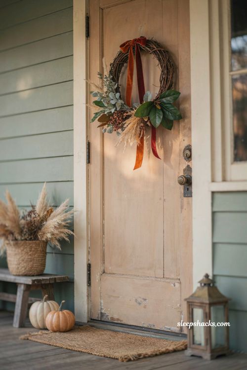 Textured fall wreath with eucalyptus wheat berries magnolia leaves and rust velvet ribbon