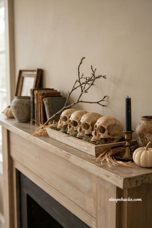 Textured skull centerpiece with moss and dried branches for Dollar Tree Halloween decor