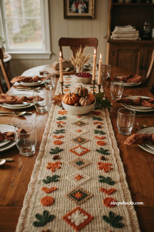 Thanksgiving crochet table runner with burnt orange green and brown motifs warm farmhouse dining table and cozy holiday decor 