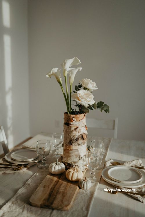Thanksgiving flower arrangement ideas with birch bark vase and white flowers