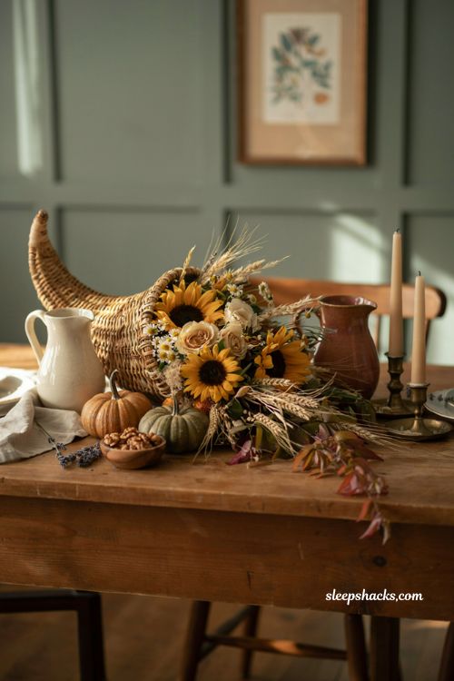 Thanksgiving flower arrangement ideas with cornucopia flowers and wheat 