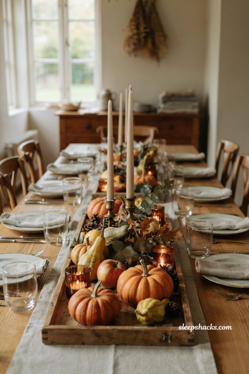 Thanksgiving flower arrangement ideas with wooden tray pumpkins and greenery 