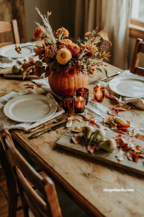 Thanksgiving flower arrangement in a hollowed pumpkin vase 