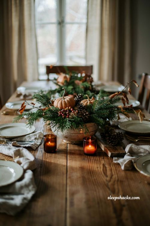 Thanksgiving flower arrangement with evergreen branches pumpkins and pinecones 