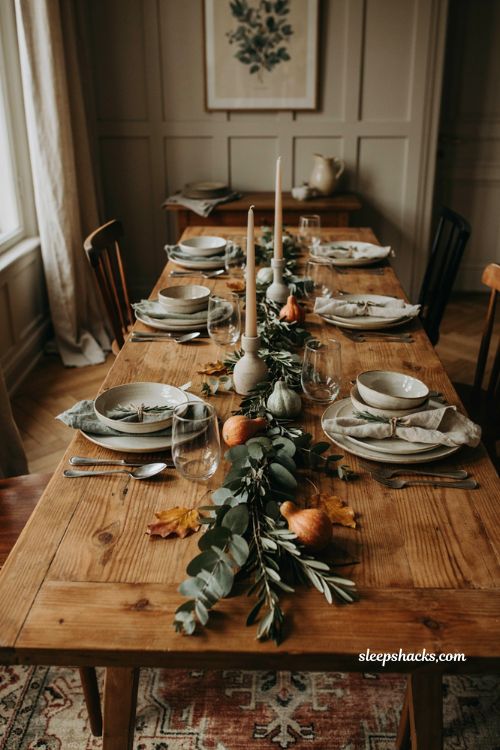 Thanksgiving table settings with simple natural greenery, rustic wood, linen napkins, cream dishes, and cozy autumn decor 