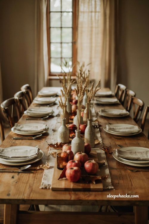 Thanksgiving tablescapes with apple and wheat centerpiece 
