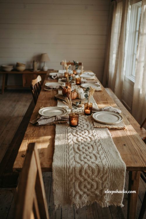 Thanksgiving tablescapes with chunky knit table runner and candles 