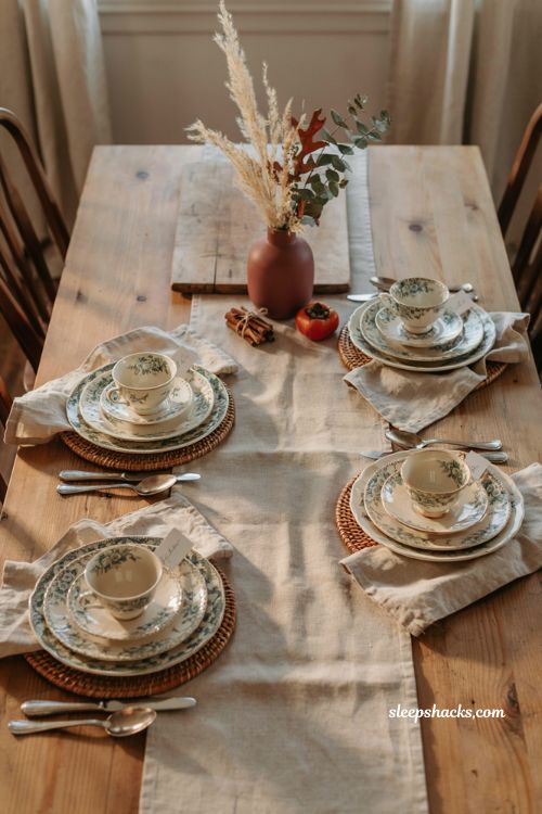 Thanksgiving tablescapes with family heirloom china and rattan chargers 