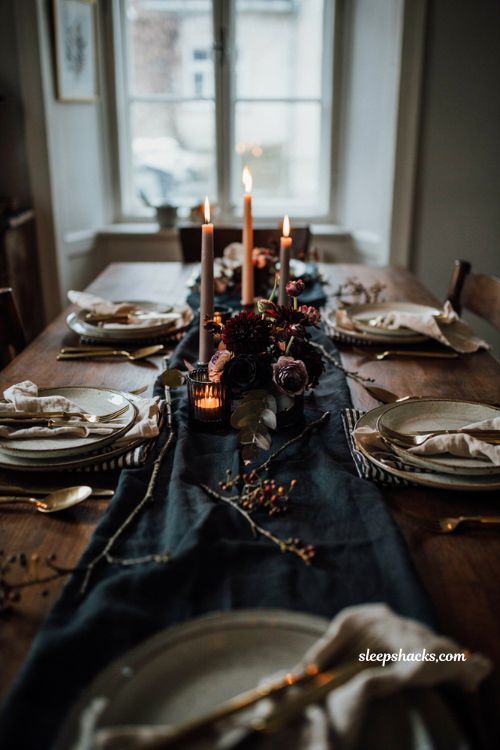 Thanksgiving tablescapes with moody dark navy and black decor