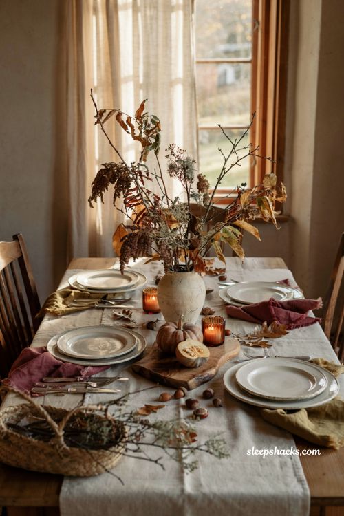 Thanksgiving tablescapes with natural foraged branch centerpiece 