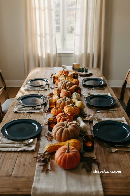 Thanksgiving tablescapes with natural pumpkins and gourds runner 