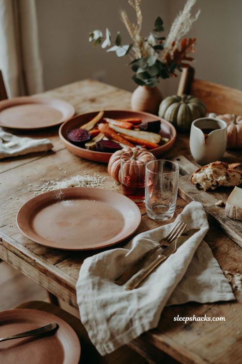 Thanksgiving tablescapes with rustic terra cotta tableware and earthy decor 