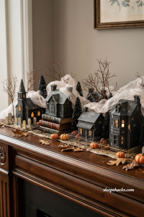 Thrifted Christmas village makeover with matte black haunted houses and cheesecloth 